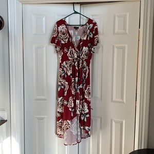 Floral wrap, hi/low dress